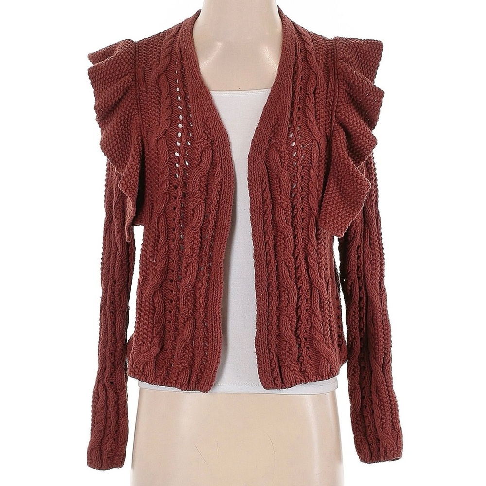 Universal Thread Rust Red Open Front Knit Ruffle Trim Cable Cardigan Size XS